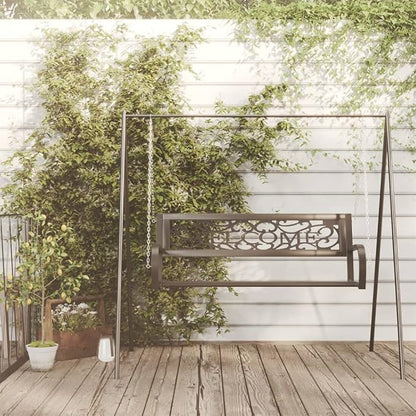 Black Steel Garden Swing Bench 49.2 x 49.2 x 16.5 in Matte Metal Outdoor Seating for 2 Weather-Resistant Porch Chair with Chains for Patio, Garden, Balcony
