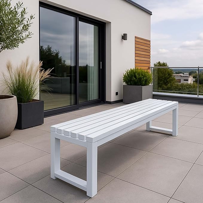 Patio Benches for Outdoors Metal Garden Bench 39" 47" 59" 71" Porch Furniture 2-4 Seating Without Backrest Weatherproof for Park Lawn Garden Yard Tennis Court Seater Chair(White,5.9ft)