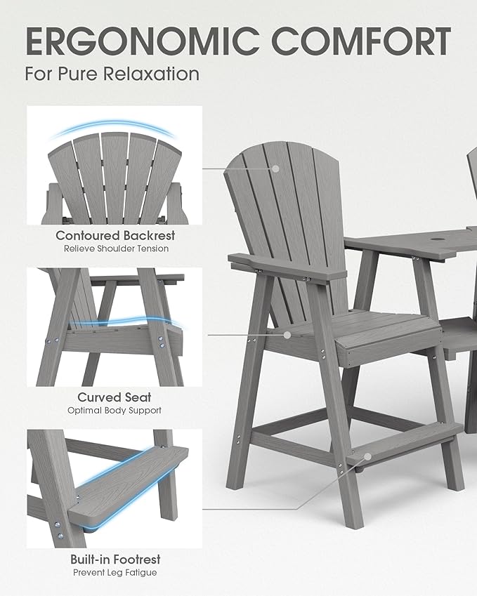 Tall Adirondack Chairs Set of 2, HDPE High Adirondack Chairs with Double Removable Trays, All Weather Outdoor Barstools for Patio, Balcony, Backyard, Deck and Garden, Grey