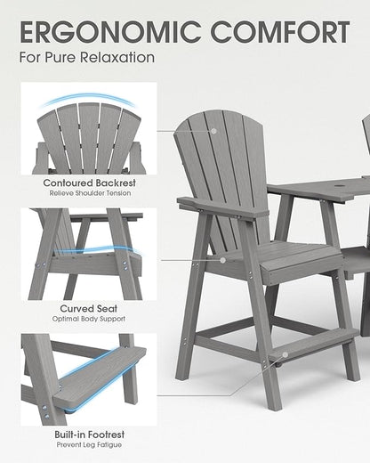 Tall Adirondack Chairs Set of 2, HDPE High Adirondack Chairs with Double Removable Trays, All Weather Outdoor Barstools for Patio, Balcony, Backyard, Deck and Garden, Grey