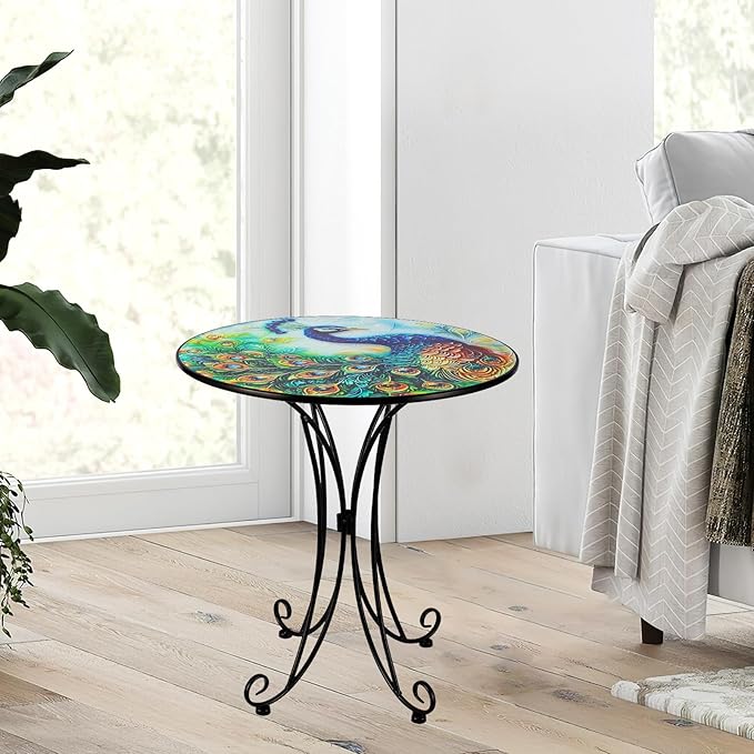 18 Inch Outdoor Side Table, Peacock Metal Accent Table, Indoor Small Round End Tables - Photo 7