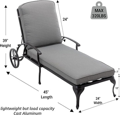 Chaise Lounge Outdoor Chair with Wheels, Adjustable Reclining Rust-Resistant Aluminum Cast Poolside Chaise Lounge Furniture Set of 2, Waterproof Grey Cushion