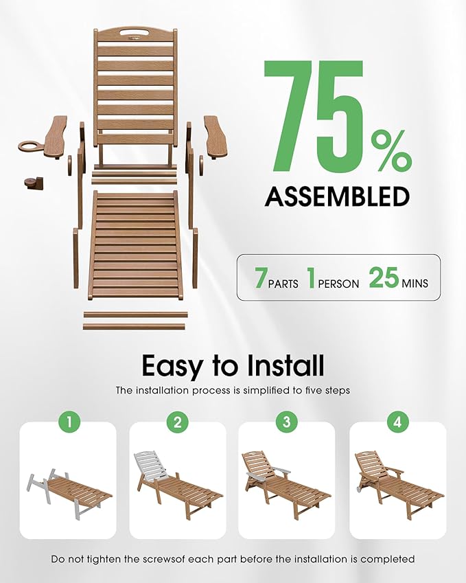 Chaise Lounge Outdoor, Lounge Chair Outdoor with Wood Texture, Adjustable 5-Position Backrest - Photo 7