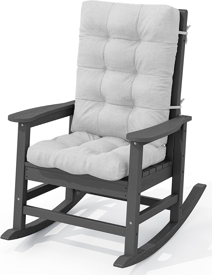 KINGYES Oversized Outdoor Rocking Chair with Cushion, All-Weather Patio Rocking Chairs, HDPE Porch Rocker for Adults, 350 lbs Capacity, Grey Chair with Grey Cushion