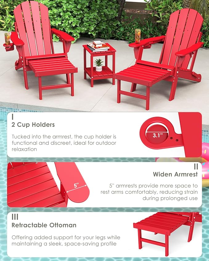 GREENVINES Adjustable Adirondack Chair with Retractable Ottoman Set of 2 | Folding | HDPE Plastic | Fire Pit Chairs w/Foot Rest | 2 Cup Holders | Red | for Outdoor Patio Poolside Deck