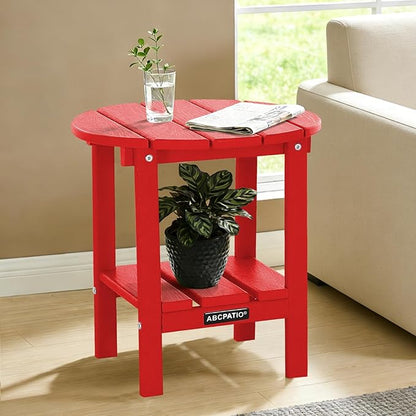 Outdoor Side Table Round - Patio Side Tables - HDPE Small Outdoor End Table for Backyard Pool Porch Balcony - Double Layer Storage - Red (Wood Grain Finish)