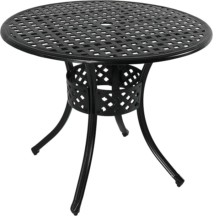 Sunnydaze Decorative Lattice Cast Aluminum Patio Dining Table with Umbrella Hole - 33-Inch Diameter - Black - Photo 1