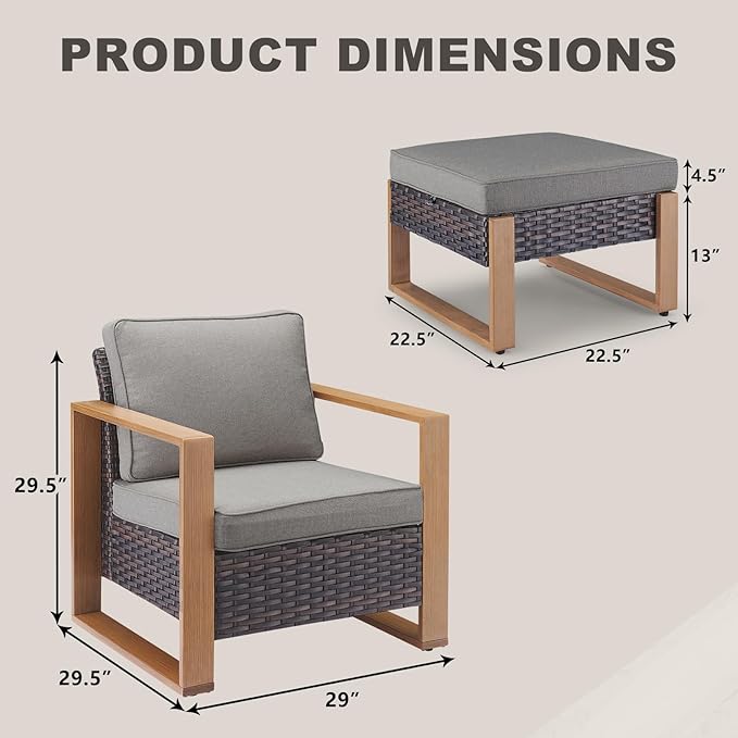 Rilyson Outdoor Wicker Patio Furniture Set - 4 Piece Patio Conversation Set with 2 Wicker Armrest Chairs,2 Rattan Ottoman, Sturdy Frame, Thick Cushions, Deep Seating(Brown/Grey)