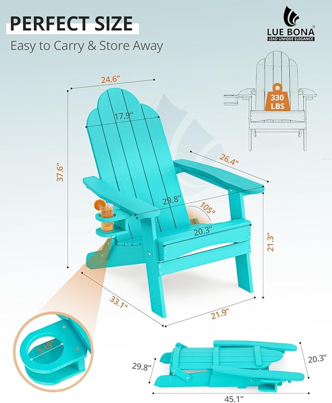 LUE BONA Folding Adirondack Chair, Chairs Set of 2, Cup Holder, Woodgrain, Fire Pit, Patio, Pool, Aruba Blue