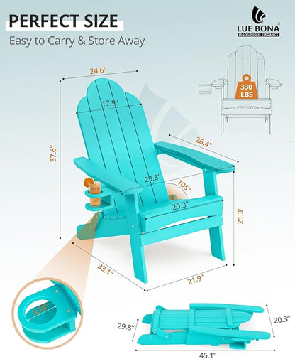 LUE BONA Folding Adirondack Chair, Chairs Set of 2, Cup Holder, Woodgrain, Fire Pit, Patio, Pool, Aruba Blue