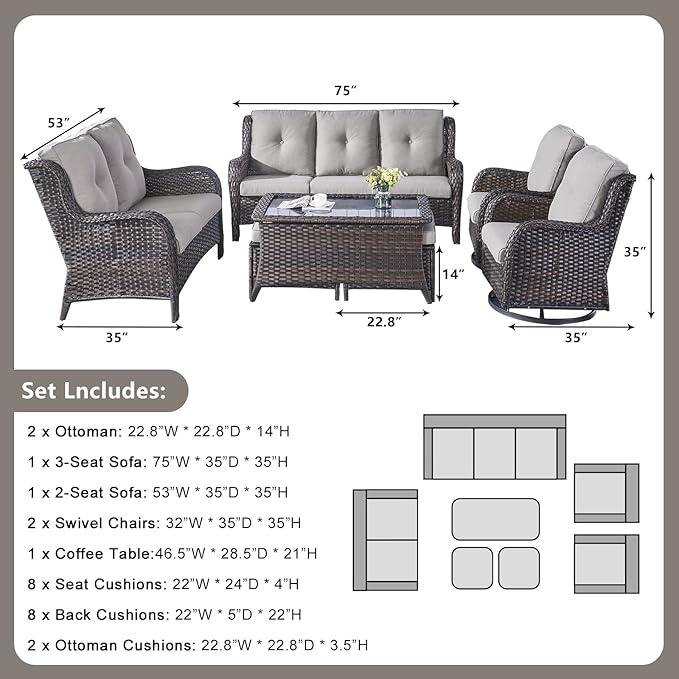 Rilyson Wicker Patio Furniture Set - 7 PC Rattan Outdoor Sectional Conversation Sets with 2 Rocking Swivel Chairs,2 Ottomans,1 Sofa,1 Loveseat and 1 Coffee Table for Porch Deck(Brown/Grey)