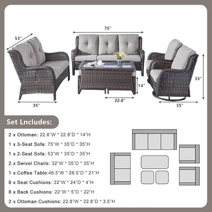 Rilyson Wicker Patio Furniture Set - 7 PC Rattan Outdoor Sectional Conversation Sets with 2 Rocking Swivel Chairs,2 Ottomans,1 Sofa,1 Loveseat and 1 Coffee Table for Porch Deck(Brown/Grey)