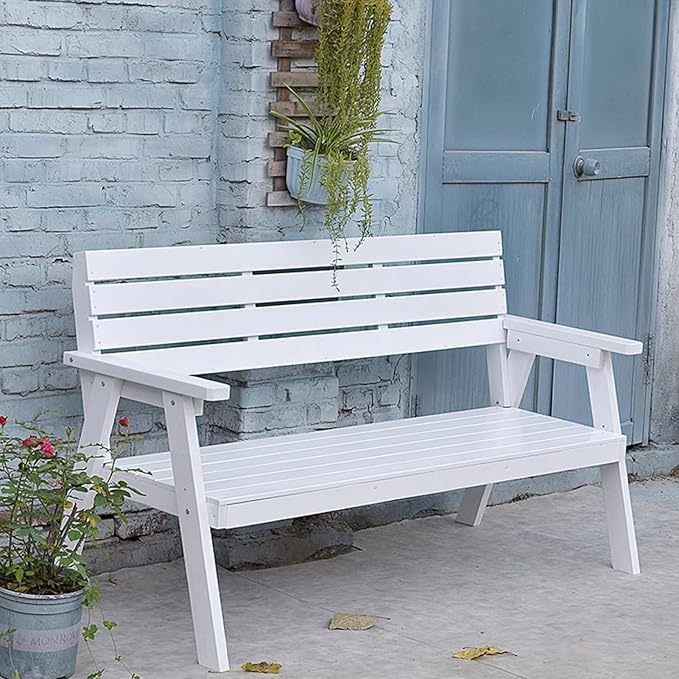 Outdoor Garden Bench, Patio Bench, Park Wooden Bench with Sturdy Backrest Armrests, for Lawn, Balcony, Yard, Bench Chair with Slatted Design(White)