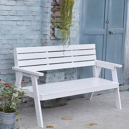 Outdoor Garden Bench, Patio Bench, Park Wooden Bench with Sturdy Backrest Armrests, for Lawn, Balcony, Yard, Bench Chair with Slatted Design(White)