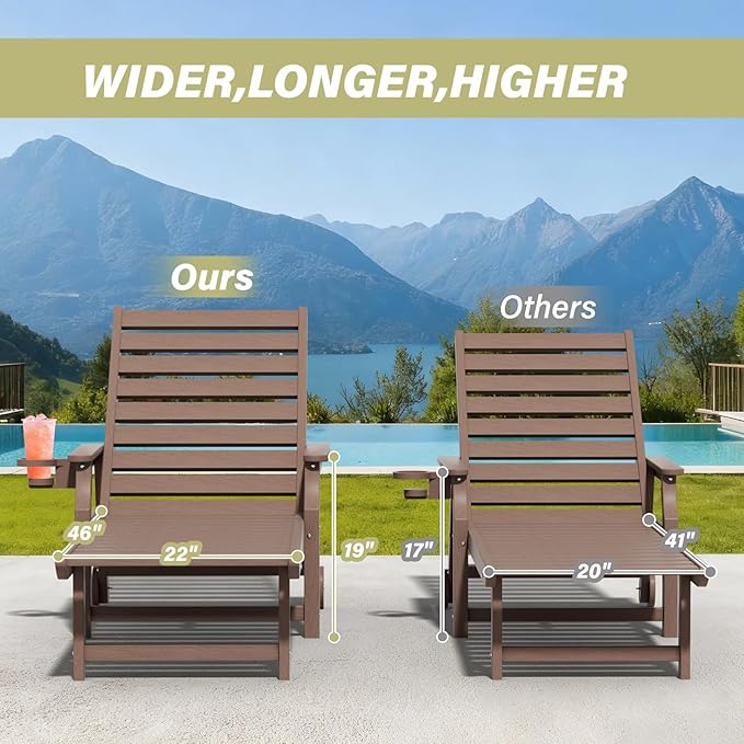 5-Position Adjustable Patio Chaise Lounge - 78'' HDPE Outdoor Lounger with Rolling Wheels & Cup Holder, Longer, Wider, Higher - Perfect for Poolside & Deck, Brown, 4pcs