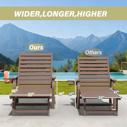 5-Position Adjustable Patio Chaise Lounge - 78'' HDPE Outdoor Lounger with Rolling Wheels & Cup Holder, Longer, Wider, Higher - Perfect for Poolside & Deck, Brown, 4pcs