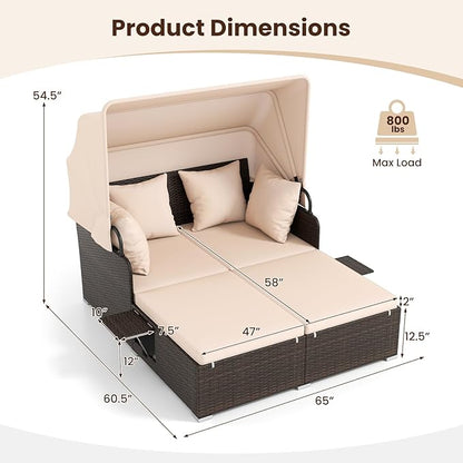 ORALNER Outdoor Daybed, 2-Person Wicker Patio Sofa with Retractable Canopy, Cushions & Pillows, 2 Side Trays, PE Rattan Double Sunbed for Deck Poolside Garden Balcony Backyard (Beige, Mix Brown)