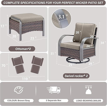 Belord 4 Pieces Patio Furniture Sets - Swivel Rocker Outdoor Chairs with Ottomans, All Weather Wicker Swivel Furniture Glider Seating Set for Porch Deck Sunroom Backyard