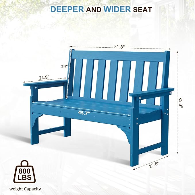 nalone Outdoor Bench, HDPE All Weather Patio Bench Load up to 800 Lbs, 2-Person Garden Bench Rot-Proof Fade Proof for Patio, Porch, and Park (Blue)