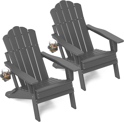 FOOWIN Adirondack Chair Set of 2, Folding HDPE Patio Chairs with Cup Holder, 400LBS Heavy Duty Outdoor Chairs for Fire Pit, Porch, Deck, Garden, Weather Resistant, Grey