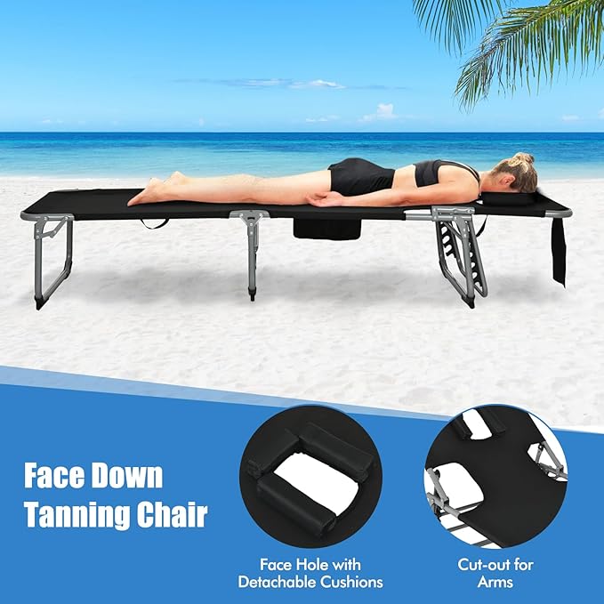 COSTWAY Folding Beach Lounge Chair, Tanning Chair with Face Hole, 5-Position Adjustable Backrest, Pillow & Side Pocket, Foldable Chaise Lounge Chair Outdoor for Sunbathing, Camping (2, Black)