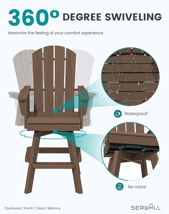 SERWALL Swivel Adirondack Barstools Set of 2, HDPE Outdoor Swivel Bar Chairs Set of 2 for Patio, Poolside, Garden - Photo 3