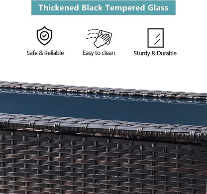 HUMMUH Outdoor Coffee Table Patio Rattan Patio Side Table Built-in Black Glass Top PE Wicker Rectangle Sofa Table Dark Brown