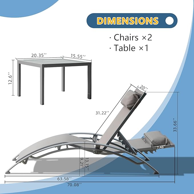 Domi Pool Lounge Chairs Set of 3, Adjustable Aluminum Outdoor Chaise Lounge Chairs with Metal Side Table - Photo 2
