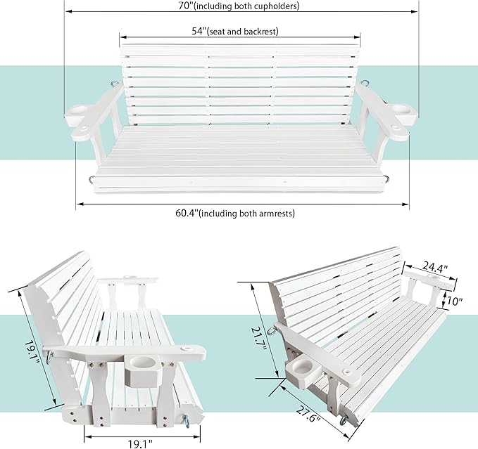 Wooden Porch Swing 3-Seater, High Backrest and Deep Seat, Bench Swing with Cupholders, Hanging Chains and 7mm Springs - Photo 6