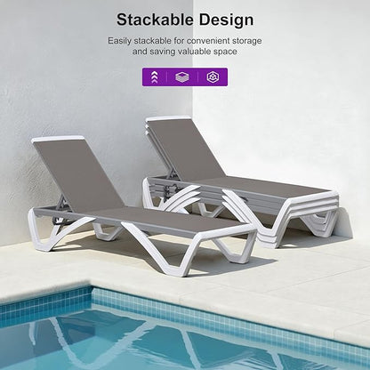 PURPLE LEAF Patio Chaise Lounge Chair Set of 3 Outside Aluminum Plastic Stackable Tanning Chairs for Pool Sunbathing Beach Deck Outdoor Lounger, Taupe