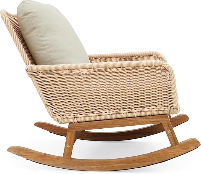 Outdoor Wooden Rocking Chair, Patio Rocking Chair with Soft Cushions & Wood Leg - Photo 7