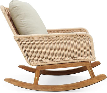 Outdoor Wooden Rocking Chair, Patio Rocking Chair with Soft Cushions & Wood Leg, Rocker Chairs with Solid Wood for Indoor, Outdoor, Backyard, Garden, Yard, Patio (Beige)