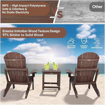 Folding Adirondack Chairs Set of 2, All Weather Resistant Plastic Chair with Cup Holder, Fold or Unfold Easily in 1 Second, Outdoor Chairs for Patio, Garden, Backyard Deck, Lawn Fire Pit(Brown)