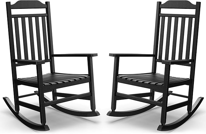 Outdoor Rocking Chair Set of 2,Porch Rocker All Weather Resistant Porch Rocker for Lawn Garden High Back Armrest Set of 2 (Black)