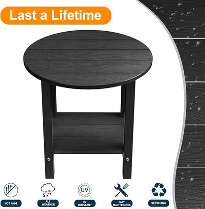 MXIMU Round Outdoor Side Table Adirondack Tables 18 Inch Chairside End Tables with Storage Shelf, 2-Tier Plastic Patio Side Table for Balcony Backyard Lawn (Black, 1 Pack)
