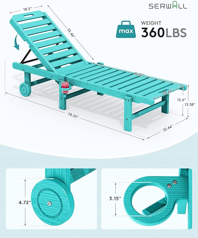 SERWALL Outdoor Chaise Lounge Set of 2, All-Weather HDPE Pool Lounge Chairs with 5-Position Adjustable Backrest - Photo 3