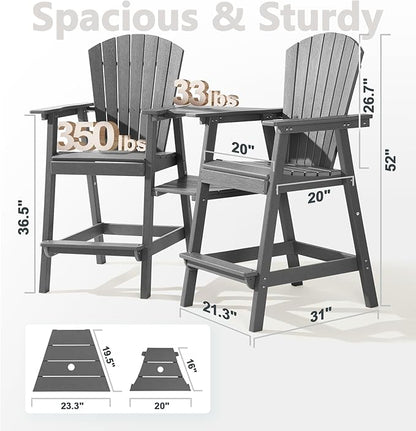 PASAMIC Tall Adirondack Chair Set of 2, All-Weather HDPE Outdoor Chairs with Removable Double Trays, Bar Height Adirondack Chairs for Balcony, Deck, Patio, Backyard, Light Gray