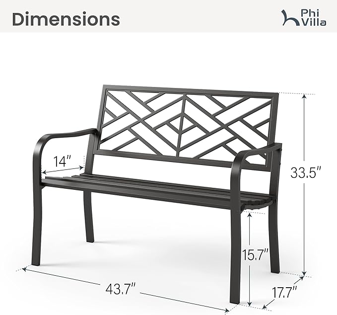 PHI VILLA 43 Inch Cast Iron Steel Frame Outdoor Garden Bench, Patio Furniture Chair Bench w/Line Pattern Design Backrest - Photo 2