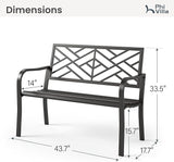 PHI VILLA 43 Inch Cast Iron Steel Frame Outdoor Garden Bench, Patio Furniture Chair Bench w/Line Pattern Design Backrest - Photo 2