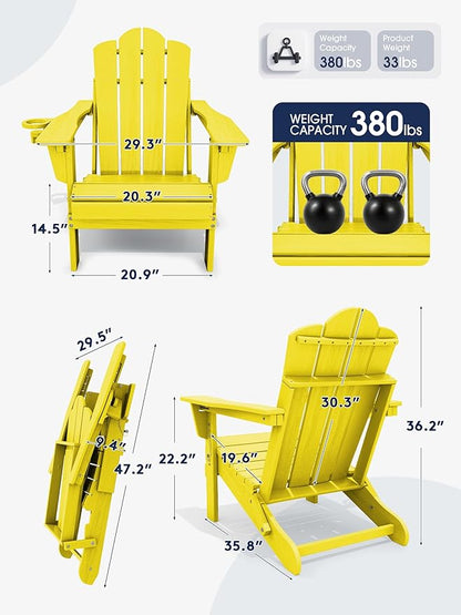 KINGYES Adjustable Folding Adirondack Chair, 3-Position Reclining Adirondack Chairs with Cup Holder, HDPE All-Weather Oversized Adirondack for Outdoor, Patio, Backyard Deck, Fire Pit, Yellow