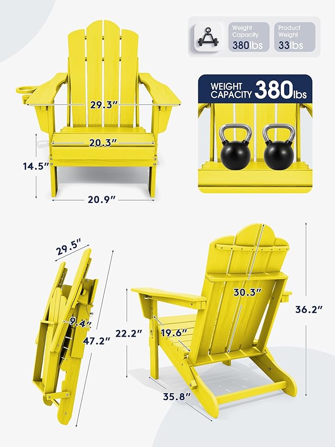 KINGYES Adjustable Folding Adirondack Chair Set of 2, 3-Position Reclining Adirondack Chairs with Cup Holder, HDPE All-Weather Oversized Adirondack for Outdoor, Patio, Backyard Deck, Fire Pit, Yellow
