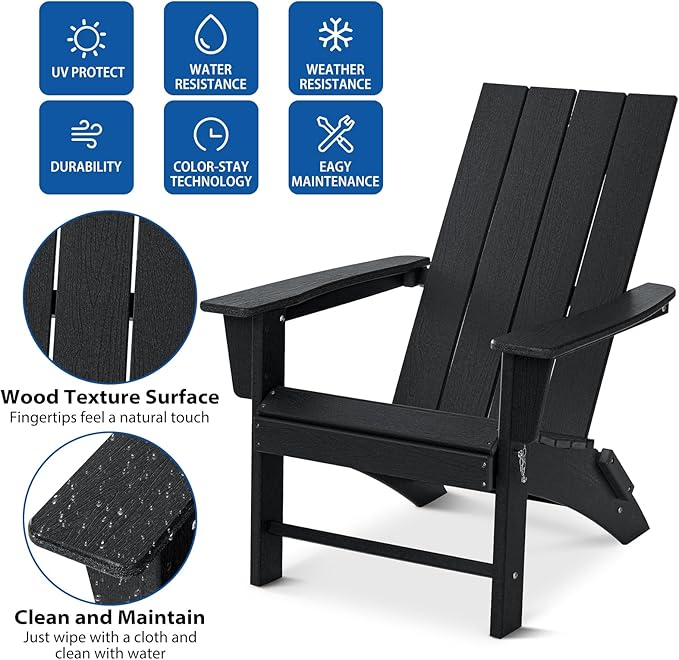 Folding Adirondack Chair Weather Resistant Foldable Fire Pit Chairs HDPE Outdoor Adirondack Chair for Patio Front Porch Pool Garden Deck Fire Pit Outside, Black