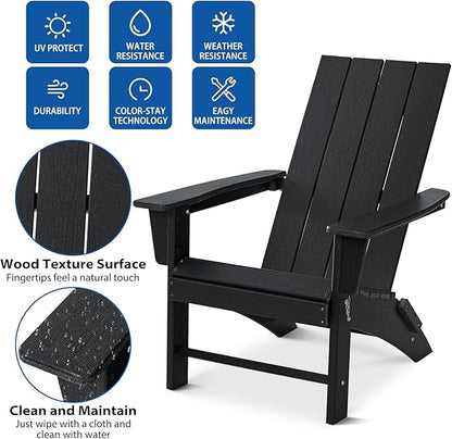 Folding Adirondack Chair Weather Resistant Foldable Fire Pit Chairs HDPE Outdoor Adirondack Chair for Patio Front Porch Pool Garden Deck Fire Pit Outside, Black