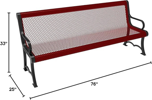 COATEDOUTDOORFURNITURE Heavy-Duty Outdoor Bench Thermoplastic Coated, Expanded Metal, Commercial-Grade Garden Bench, Made in America (Portable with Back, 6 Ft, Textured Burgundy)