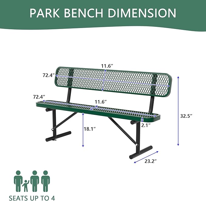 4/6/8 Feet Park Bench for Outside Heavy Duty Metal, Garden Benches Outdoor Bench with Backrest & Portable Frame - Photo 3