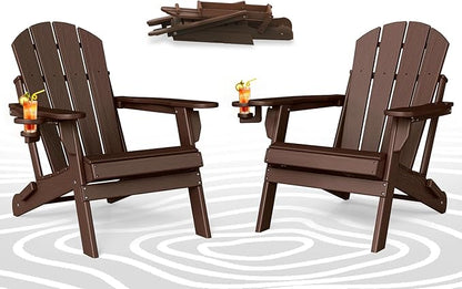 BRIOPAWS Folding-Adirondack-Chairs Set of 2 | HDPE | Brown Wood Grain | Fire Pit Chair | Cup Holder | Weather Resistance | for Outdoor Backyard Deck Patio