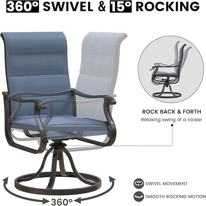 Patio Swivel Chairs Set of 4, Outdoor Dining Chairs with High Back, All-Weather Swivel Rocker Chair for Lawn, Porch or Garden (Padded Navy)