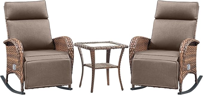 Belord 3 Piece Wicker Patio Furniture Set - Outdoor Swivel Rocker Recliner Chair with Adjustable Backrest & Footrest, All Weather Reclining Lounge Chair with Thick Cushion for Pool Deck Garden Grey