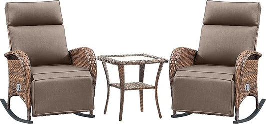 Belord 3 Piece Wicker Patio Furniture Set - Outdoor Swivel Rocker Recliner Chair with Adjustable Backrest & Footrest, All Weather Reclining Lounge Chair with Thick Cushion for Pool Deck Garden Grey