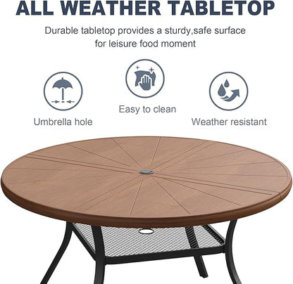 VICLLAX Round Patio Dining Table, 4-6 Person Aluminum Outdoor Dining Table with Umbrella Hole and Storage Shelf for Garden Lawn Deck, 47.2" Walnut